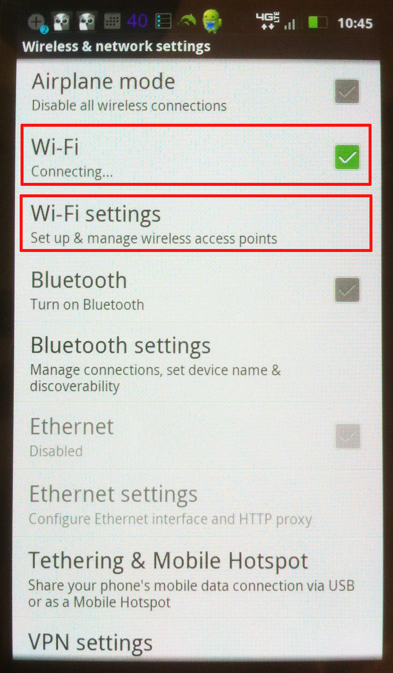  wi-fi, and Wi-fi settings buttons inside the wireless and network settings. 