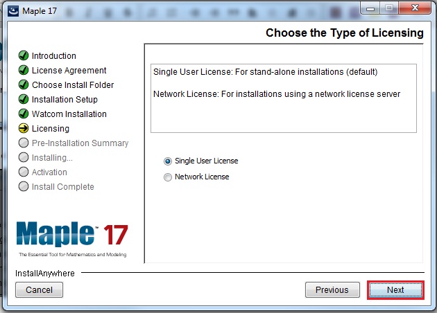 choose licensing screen with single user selected and next highlighted