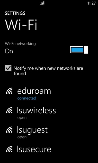 Settings page with Wi-Fi eduroam connected.