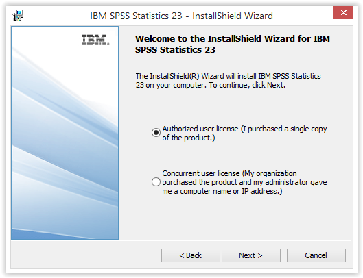 SPSS Statistics 23 Install Wizard User License choice window: authorized user license selected