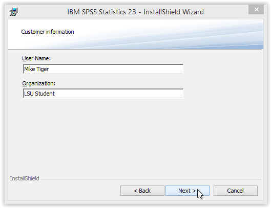 SPSS Statistics 23 Install Wizard User Name form window