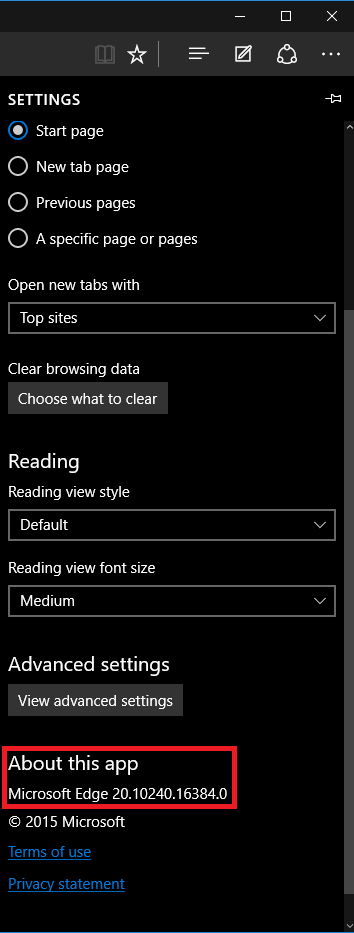 Edge version in the settings window