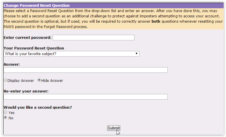 Question Reset Password screen in myLSU.