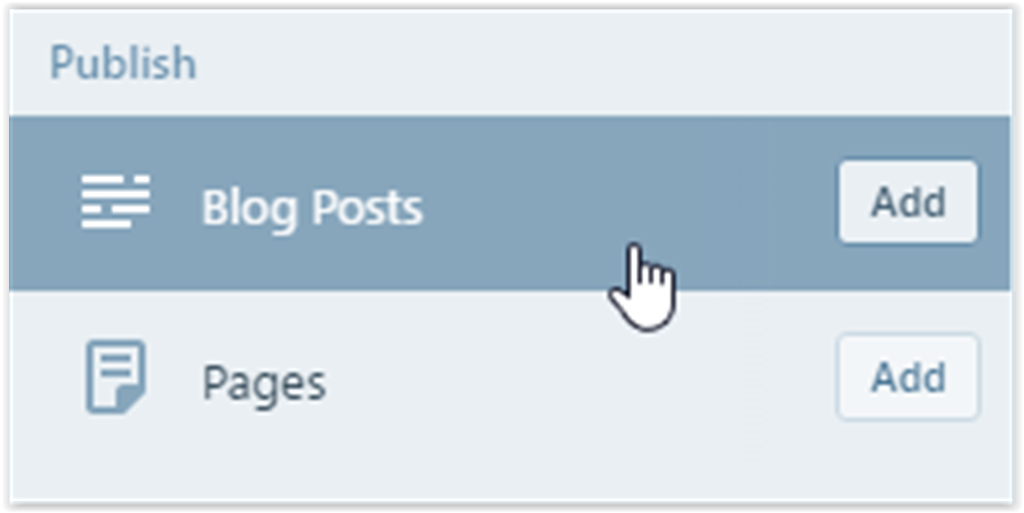 Blogs and Pages options under the publish header
