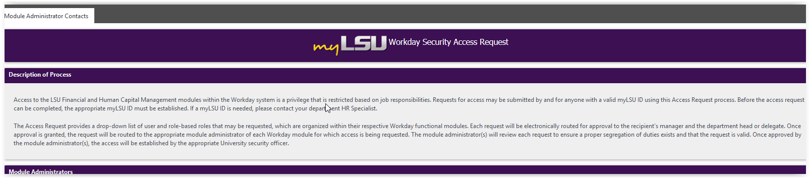 Workday Security Access Request page