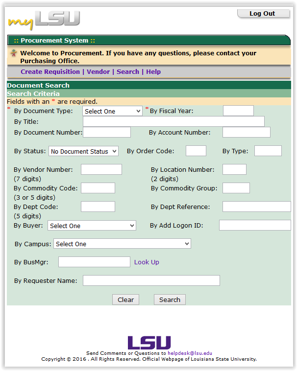 LSU Procurement System page/document search options (type, title, status, buyer, and campus).