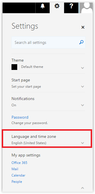 the Office365 settings menu