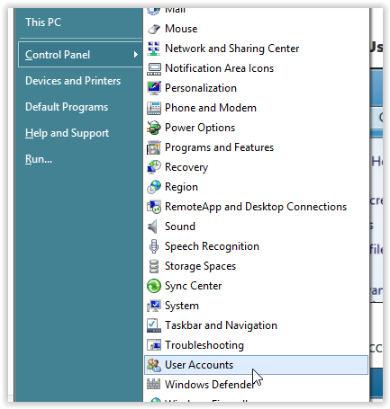 User Accounts button on the control panel