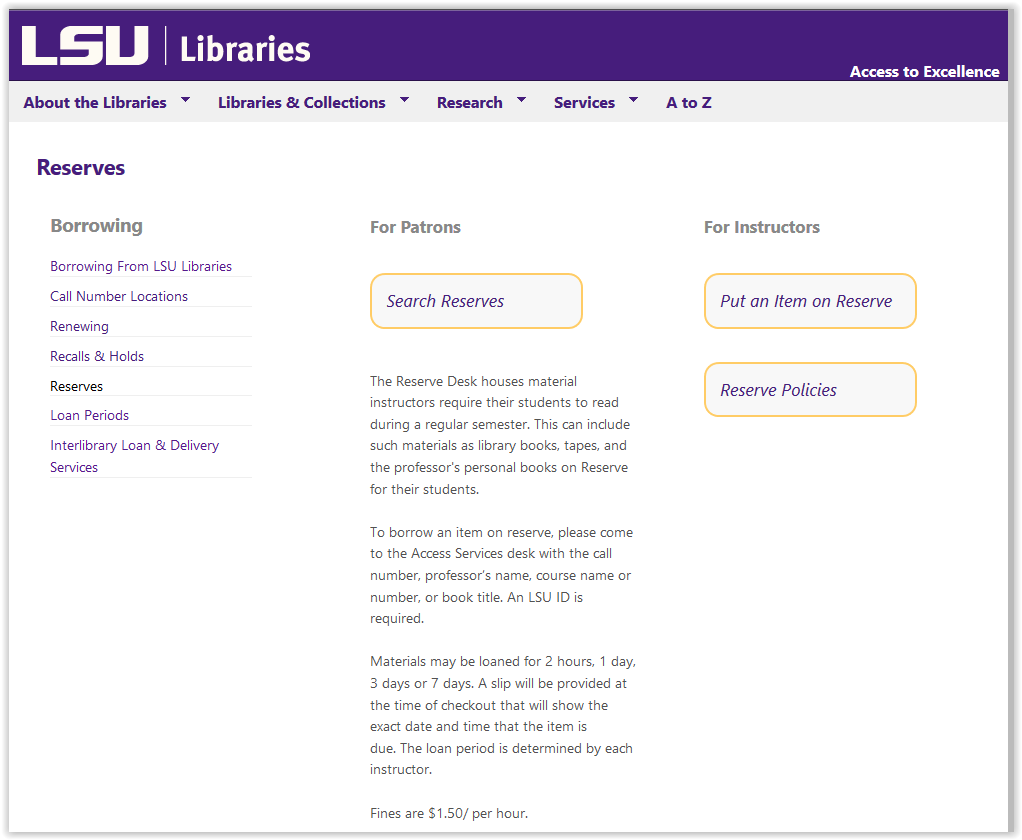 LSU Libraries Reserves webpage