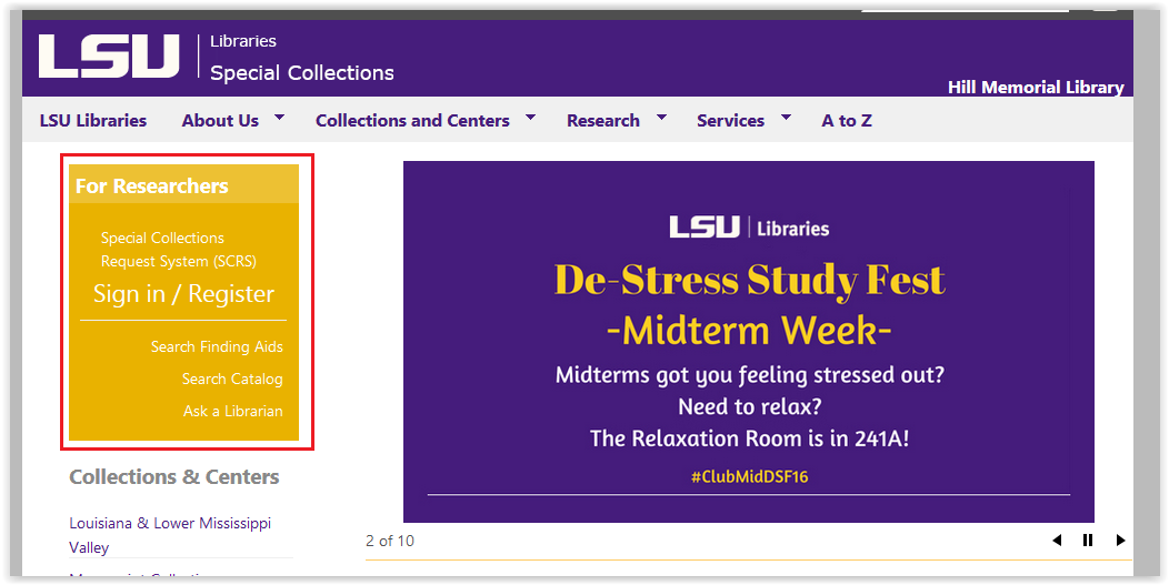 LSU Special Collections homepage