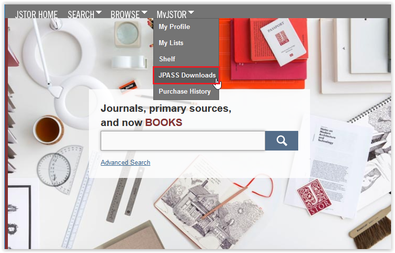 JSTOR website homepage with the MyJSTOR drop-down menu. 