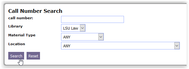 Call number search in LSU Law Library website