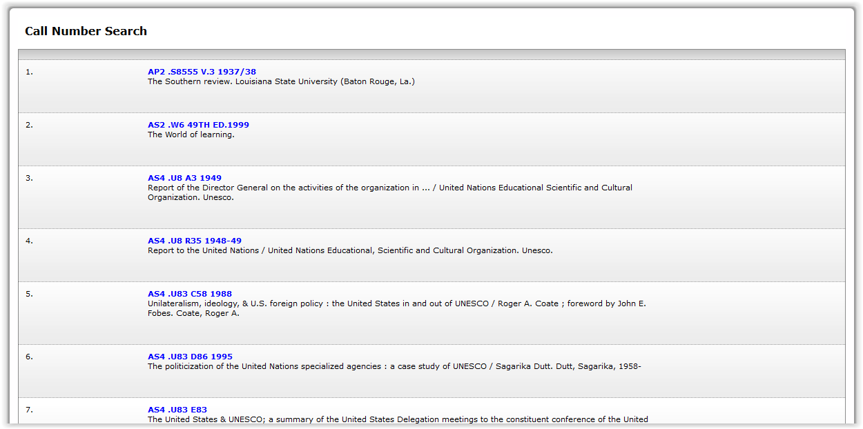 Call number search results