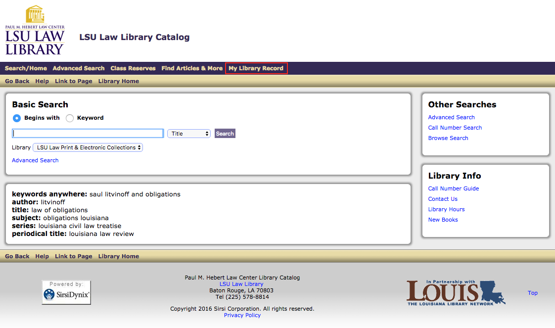LSU Law Library Catalog Home Page