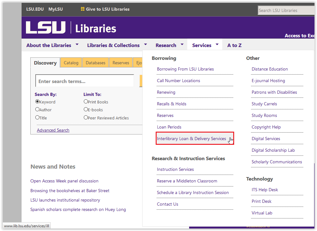 Interlibrary loan & Delivery Services under the Services tab on the Library homepage.