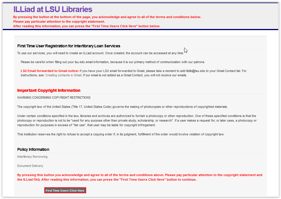 Registration services for users on the LSU library website