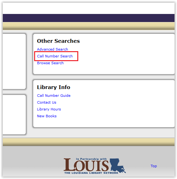 Other Searches/Call Number Searches button in LSU Law Library
