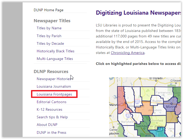the louisiana frontpages option in the DNLP resources section