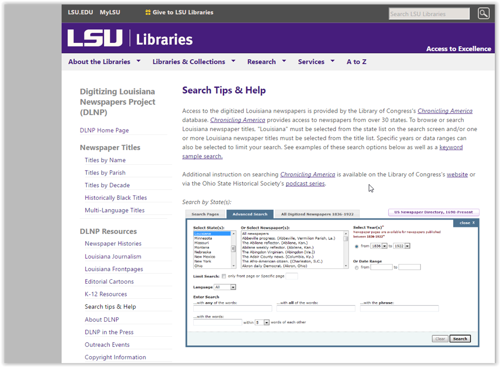 Search Tips & Help page