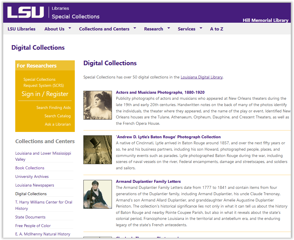 LSU libraries special collections digital collections homepage