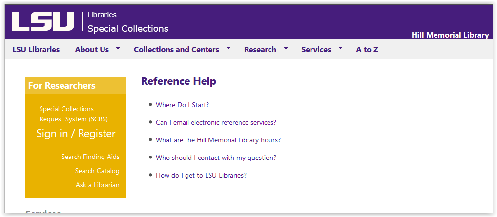 LSU Libraries Special Collections reference help homepage
