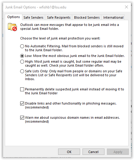  the junk e-mail dialog box.