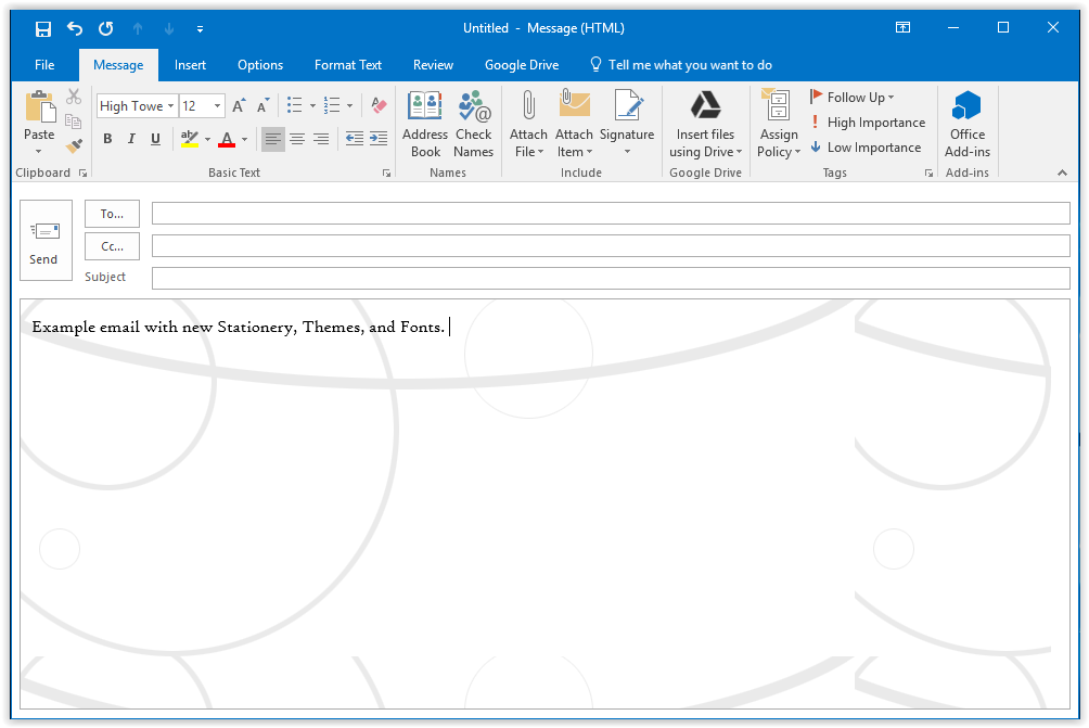 New email with desired changes to Stationery, Themes, and Fonts