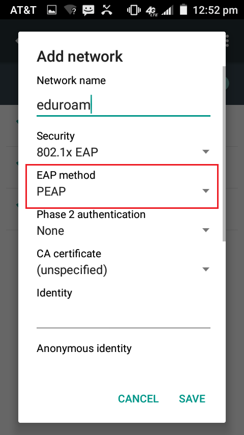 Setting PEAP as the EAP Method in wifi settings