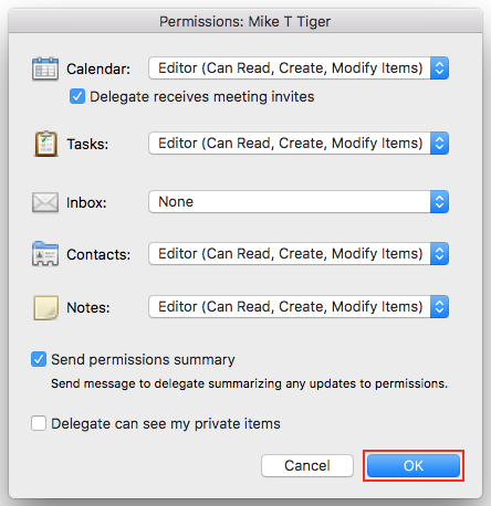 Delegate Permissions window