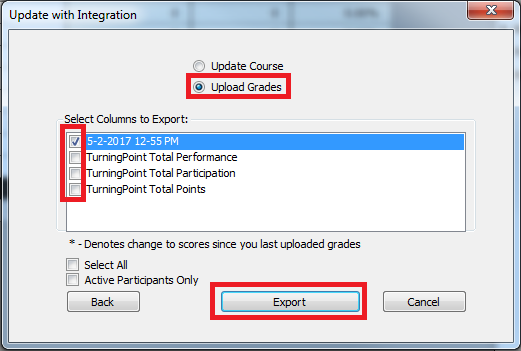 update with integration window with upload grades selected turning point export column options below