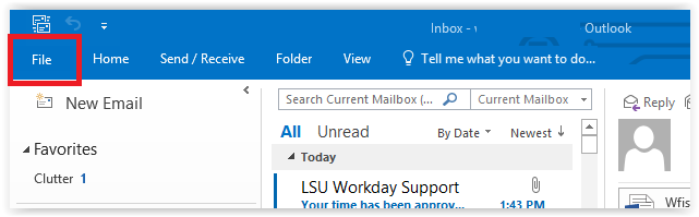 outlook control bar with file tab at top left