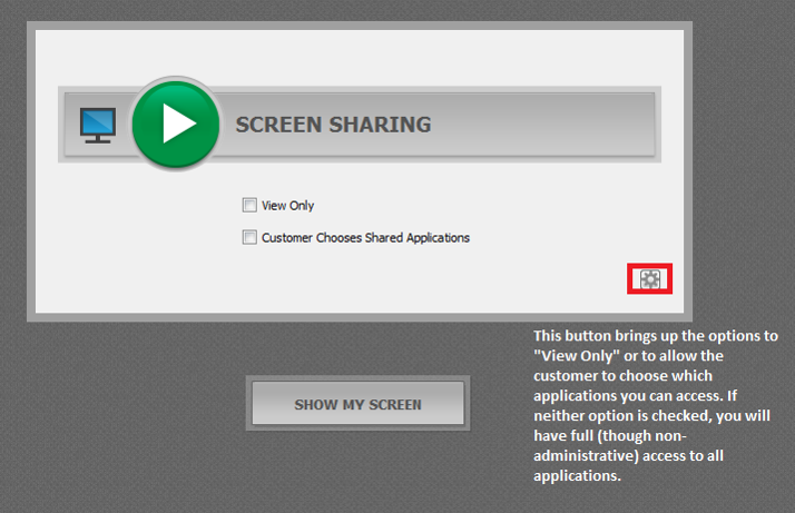 Screen Sharing button and options in Bomgar