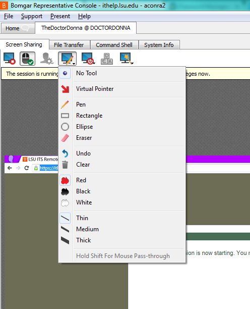 Drawing options in the top menu of the window 