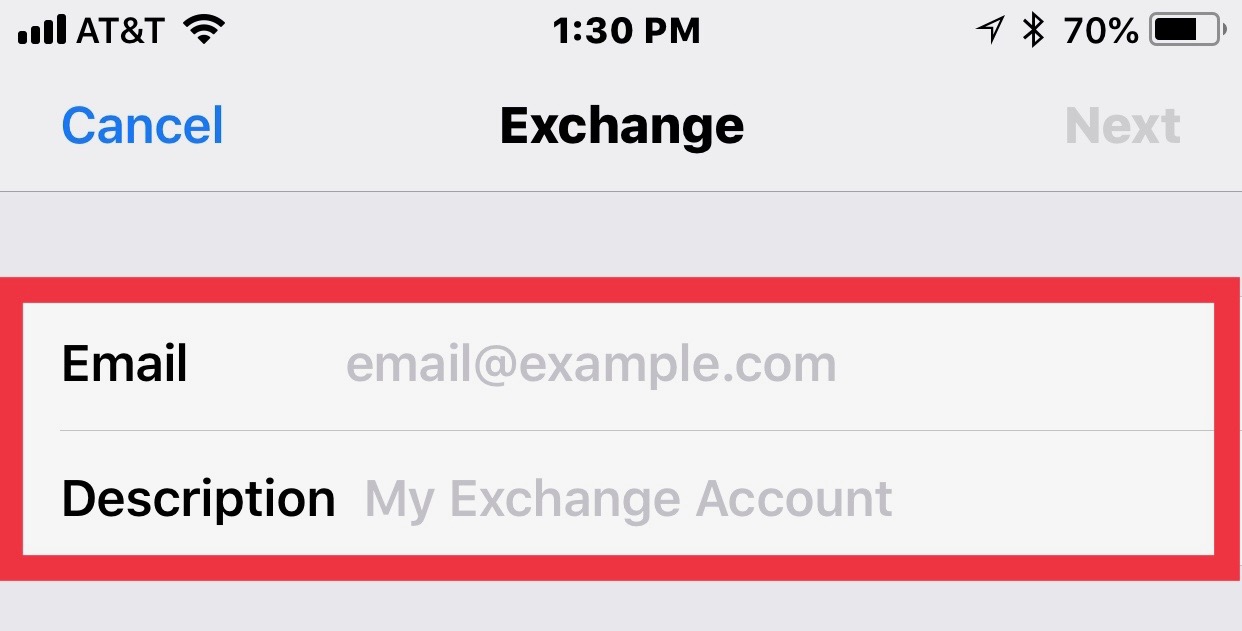 Exchange settings page with email and description boxes highlighted