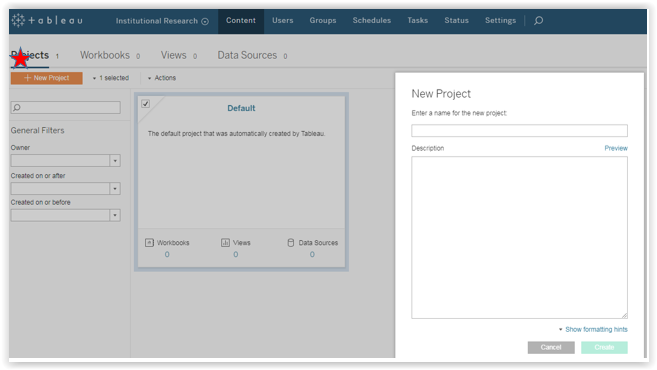 creating new project in tableau server 