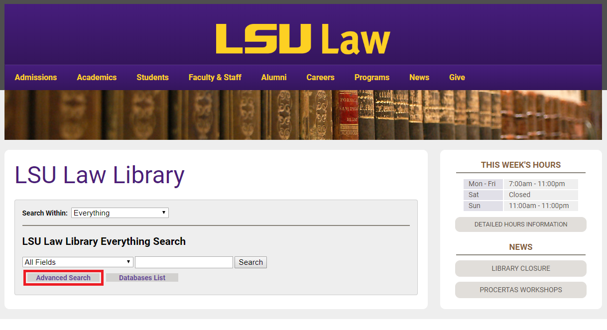 The LSU Law Library home page with Advanced Search highlighted