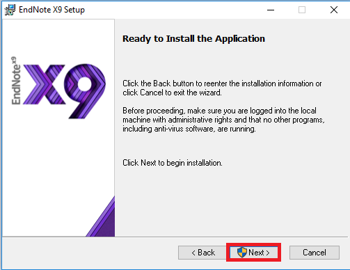 Endnote x9 installation setup, next button highlighted