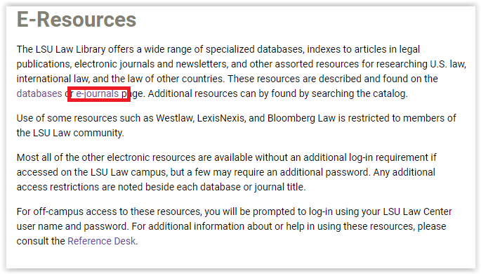 the e-journals hyperlink on the e-resources page