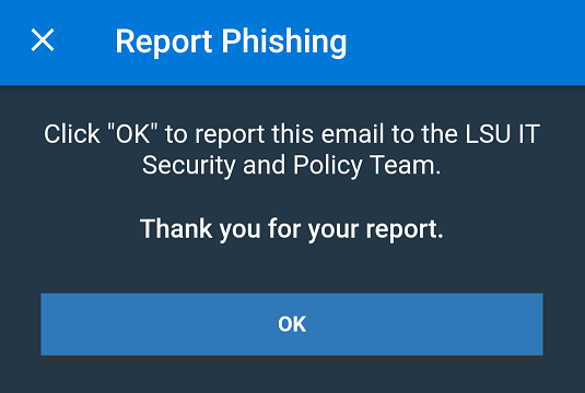 "OK" button in the report phishing pop up