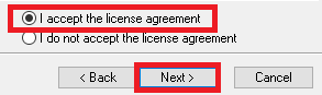 Endnote x9 installer license agreement window, accept and next highlighted