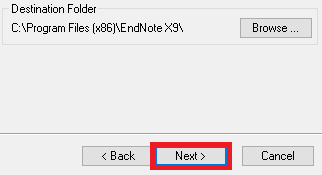 Endnote x9 installer destination window, next highlighted