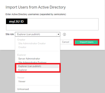 explorer role and Import users button