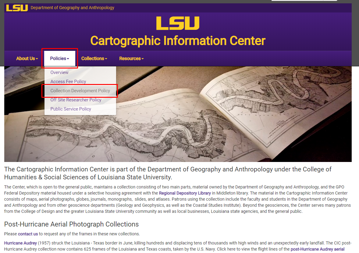 LSU CIC Policies drop down and Collection development policy tab
