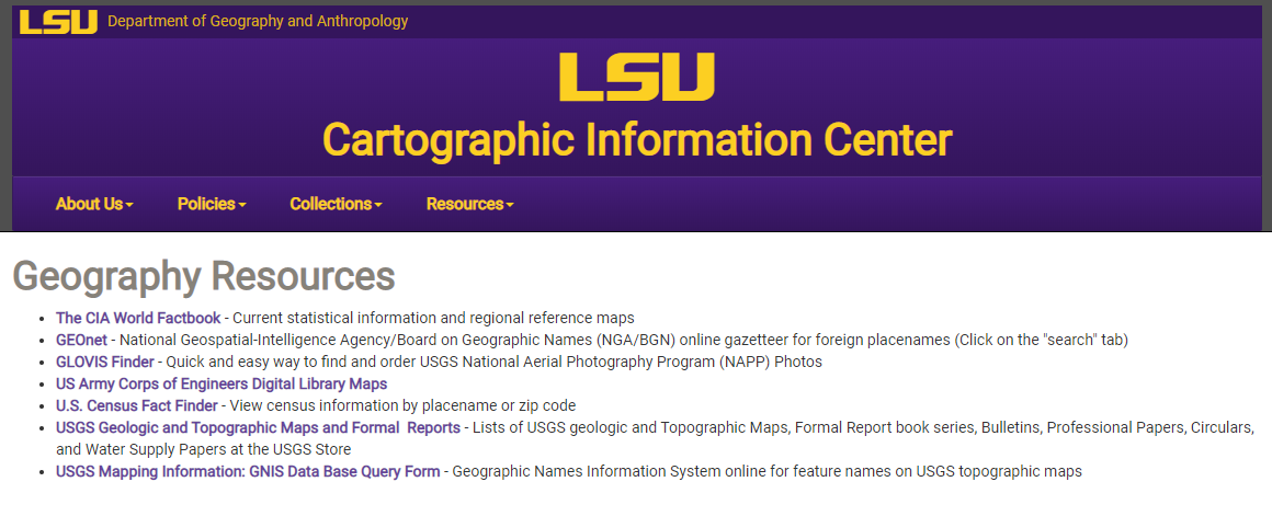 list of online geographic resources in LSU CIC