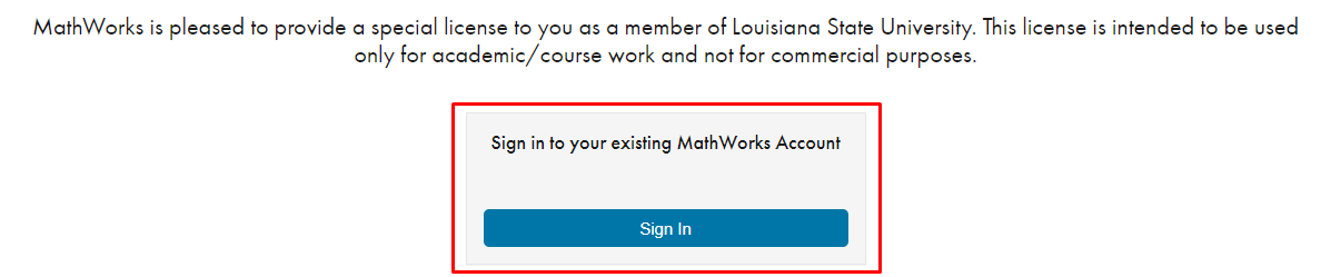 Sign in button under "sign in to your existing Mathworks account" statement