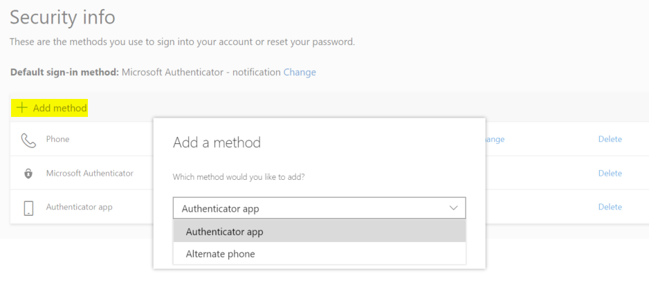 The add method screen gives you options for new authenticators