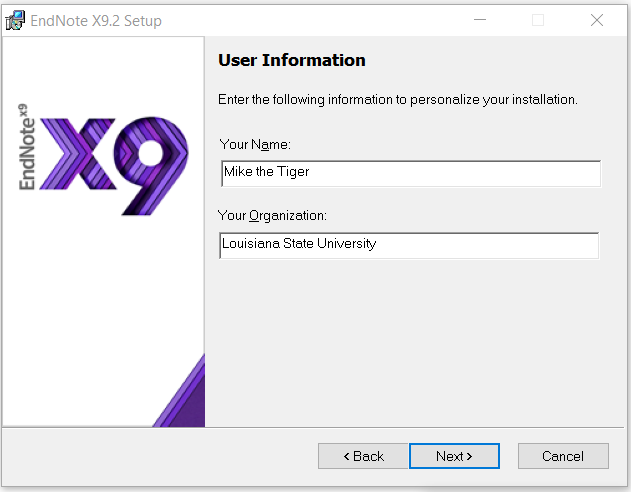 user information installation page for endnote