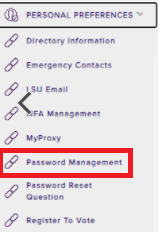  the myLSU Portal, Personal Preferences menu with Password Management selected.