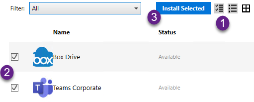 "install selected" button with checkmarks visible for multiple apps