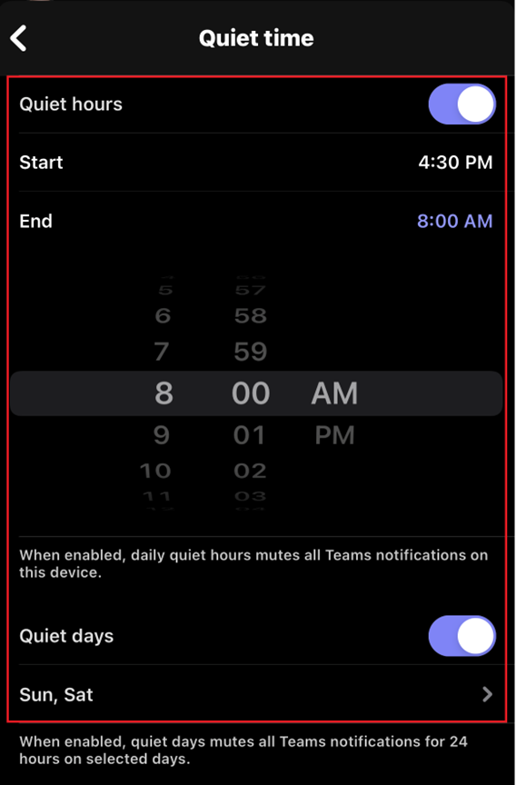 the Quiet Time settings menu, with Quiet Hours from 4:30-8AM and Quiet Days on Sunday and Saturday.